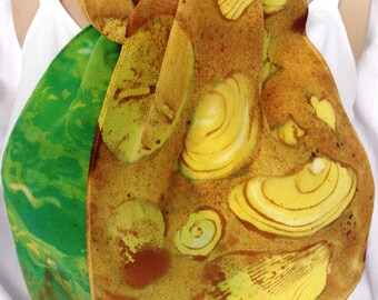 silk scarf crepe Beach Shells unique hand painted long gold green ocean wearable art women resort vacation