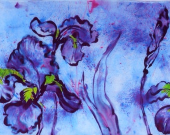 silk scarf hand painted Purple Iris unique wearable art women lavender bold floral luxury