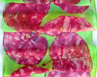 silk scarf chiffon pink red lime green Sea Grape hand painted unique long beach resort ocean wearable art women