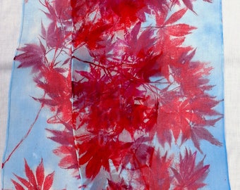 silk scarf extra long chiffon Red Maple hand painted unique accessory women wearable art morgansilk scarves blue scarlet wrap shawl
