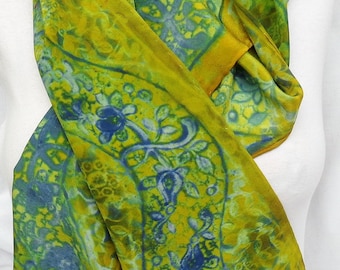 silk scarf long crepe Spring Paisley hand painted chartreuse blue wearable art women navy grass green morgansilk