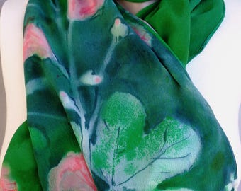 silk scarf long large crepe Hollyhock hand painted emerald green pink floral unique wearable art women wrap shawl luxury