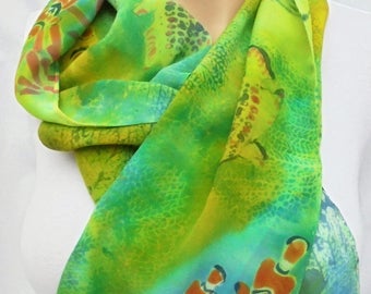 silk scarf crepe hand painted Coral Reef wearable art women unique ocean fish luxury unique