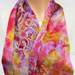 silk scarf long hand painted Paisley lavender red gold unique luxury wearable art men women charmeuse satin image 1