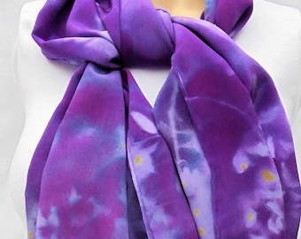 silk scarf crepe large long Purple Wisteria unique wearable art women hand painted luxury fashion