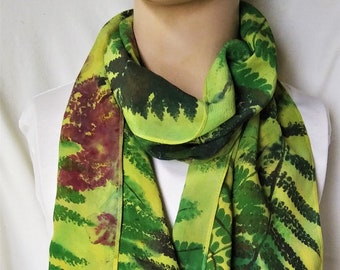 silk scarf long large crepe sunlit ferns hand painted unique wearable art women fashion accessory