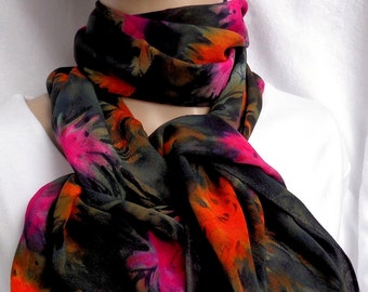 silk crepe scarf Storm Mums hand painted unique pink orange black wearable art women atumn winter original design