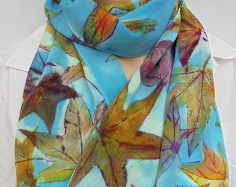 silk scarf crepe hand painted Autumn Leaves wearable art women unique sweetgum leaf colors fashion