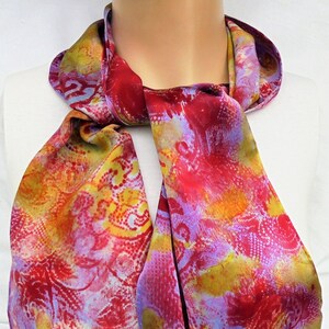 silk scarf long hand painted Paisley lavender red gold unique luxury wearable art men women charmeuse satin image 2