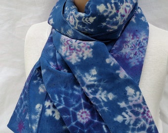 silk scarf snow large long crepe luxury wearable art original design blue white lavender snowflakes unique morgansilk scarves