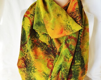 silk crepe scarf extra long hand painted Spruce Fire wearable art women wrap luxury morgansilk gold orange green