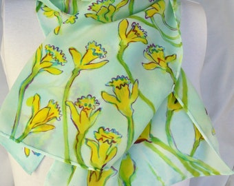 silk scarf long crepe Fresh Daffodils hand painted green yellow blue wearable art women spring unique