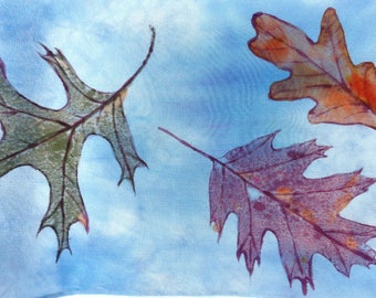 silk crepe scarf Oak Leaf blue sky clouds hand painted wearable art women rust brown unique long