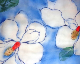 silk scarf long chiffon Magnolia unique hand painted navy blue white floral wearable art women fashion spring summer