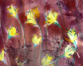 silk scarf hand painted Forest Daffodils crepe unique long brown yellow wearable art women floral watercolor fashion