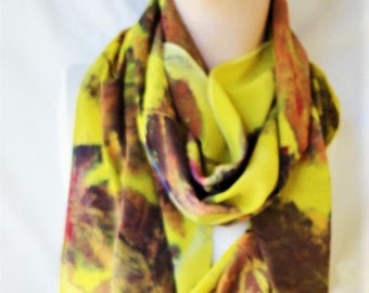 silk scarf crepe November Leaves unique painted long large wearable art morgansilk scarves chartreuse purple rain