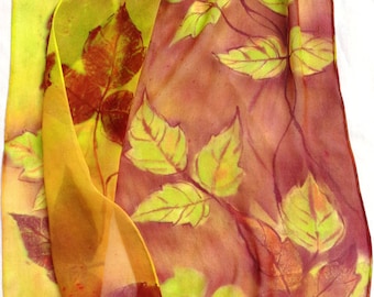 silk scarf extra long chiffon Poison Ivy hand painted unique weeds wearable art women fashion red chartreuse orange lemon