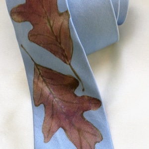 silk necktie Oak Leaves blue sky men unique luxury hand painted image 1