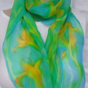 silk chiffon scarf hand painted Day Lily turquoise green orange wearable art women floral unique image 3