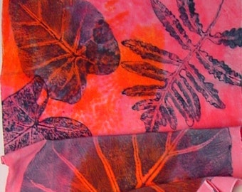 silk scarf large Bold Tropical unique hand painted orange pink philodendron fern wearable art women luxury crepe