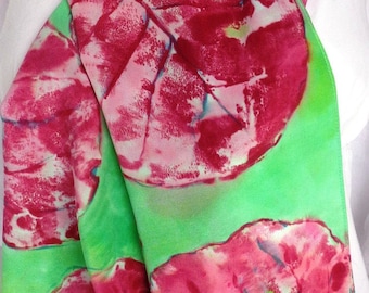 silk scarf long crepe Sea Grape hand painted unique green red beach wearable art women fashion