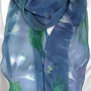 silk scarf hand painted Hosta Moonlight unique extra long chiffon wearable art lavender jade green white floral image 3