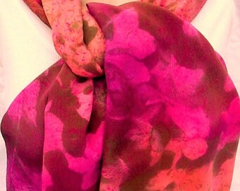silk scarf hand painted large long Azalea luxury crepe unique wearable art women peach pink bronze