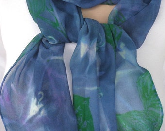 silk scarf hand painted Hosta Moonlight unique extra long chiffon wearable art lavender jade green white floral