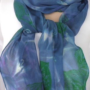 silk scarf hand painted Hosta Moonlight unique extra long chiffon wearable art lavender jade green white floral image 1