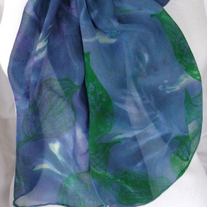 silk scarf hand painted Hosta Moonlight unique extra long chiffon wearable art lavender jade green white floral image 4