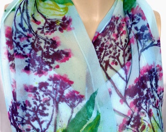 silk scarf long chiffon Wild Purple Aster hand painted unique blue floral weeds wearable art women fashion