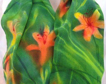 silk scarf Daylily crepe unique hand painted orange green wearable art women floral signed art