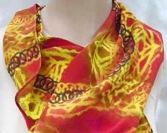 silk scarf long hand painted Hot Geometry unique luxury silk crepe red yellow gold