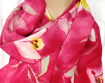 silk scarf hand painted extra large Pink Stargazer Lily unique burgundy red wearable art women luxury fashion