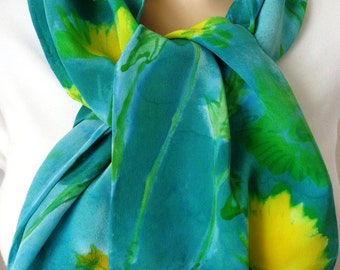 silk scarf hand painted unique Yellow Jade Mums crepe hand painted unique luxury wearable art women long scarves
