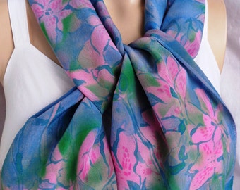 silk scarf Pink Jade Azaleas hand painted unique crepe pastel wearable art long wearable art women
