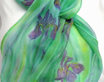 silk scarf chiffon hand painted Wild Iris long unique green lavender purple wearable art women luxury original