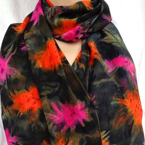 silk crepe scarf Storm Mums hand painted unique pink orange black wearable art women atumn winter original design image 2