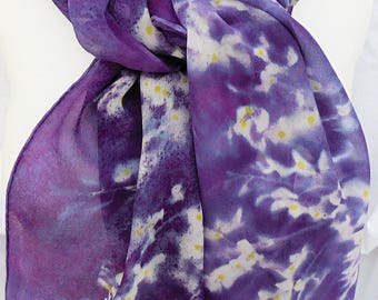silk scarf long hand painted chiffon Purple Wisteria unique wearable art women white lavender yellow spring floral gift
