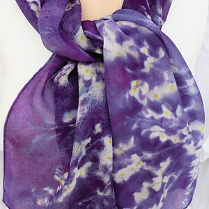 silk scarf long hand painted chiffon Purple Wisteria unique wearable art women white lavender yellow spring floral gift imagem 1