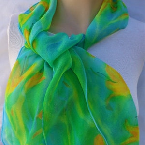 silk chiffon scarf hand painted Day Lily turquoise green orange wearable art women floral unique image 2