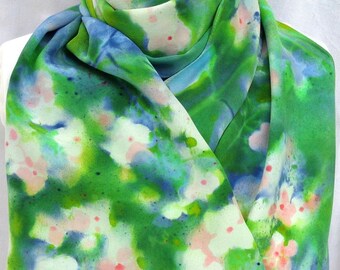 silk scarf hand painted Hydrangea Pink lime navy blue crepe large long unique luxury wearable art women morgansilk scarves