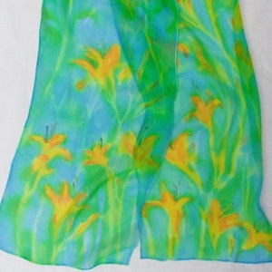 silk chiffon scarf hand painted Day Lily turquoise green orange wearable art women floral unique image 4