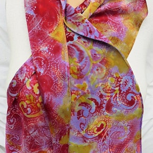 silk scarf long hand painted Paisley lavender red gold unique luxury wearable art men women charmeuse satin image 8