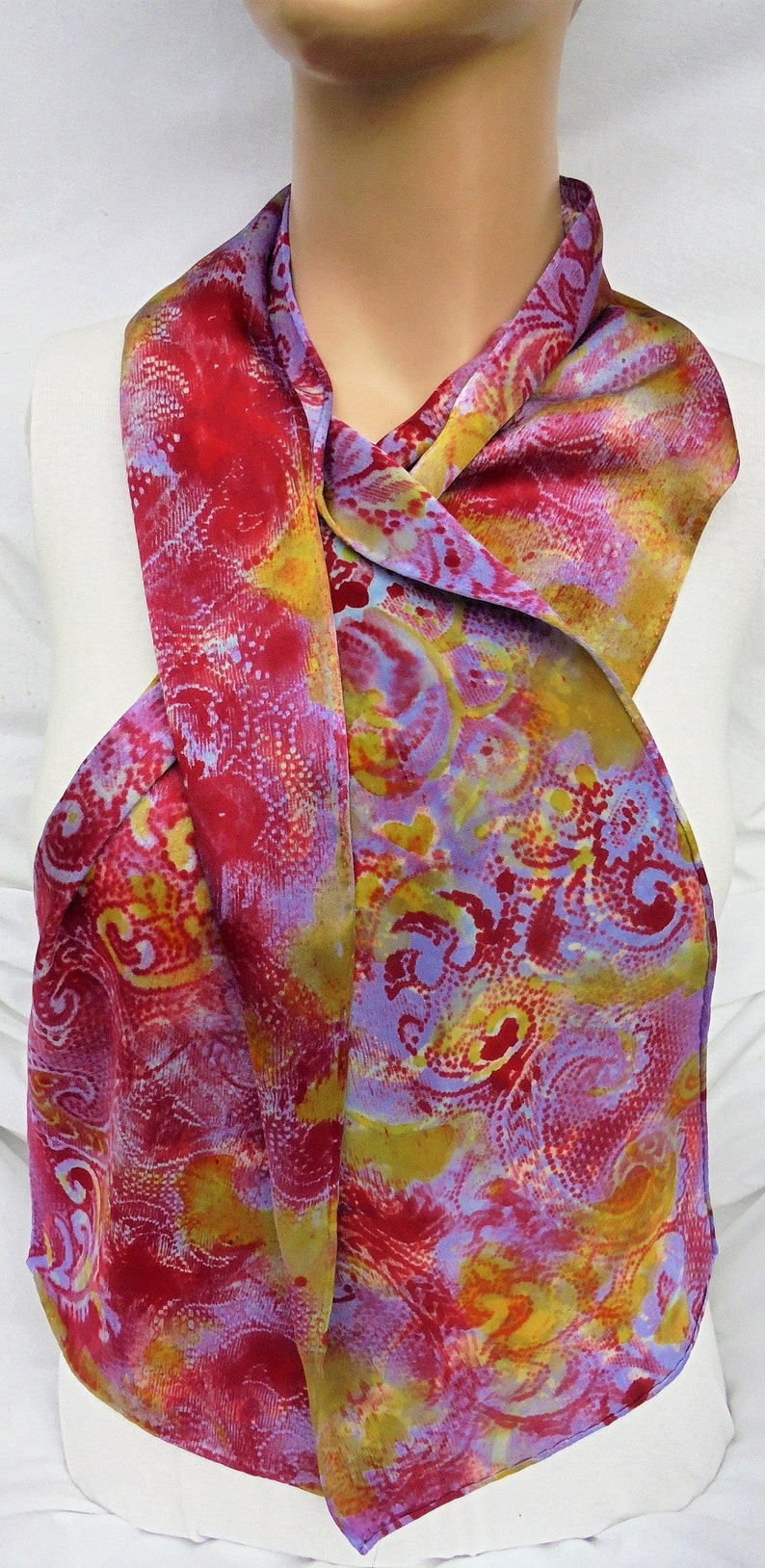 silk scarf long hand painted Paisley lavender red gold unique luxury wearable art men women charmeuse satin image 8