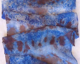 silk scarf chiffon long Blue Brown hand painted tie dyed unique wearable art long women fashion accessory