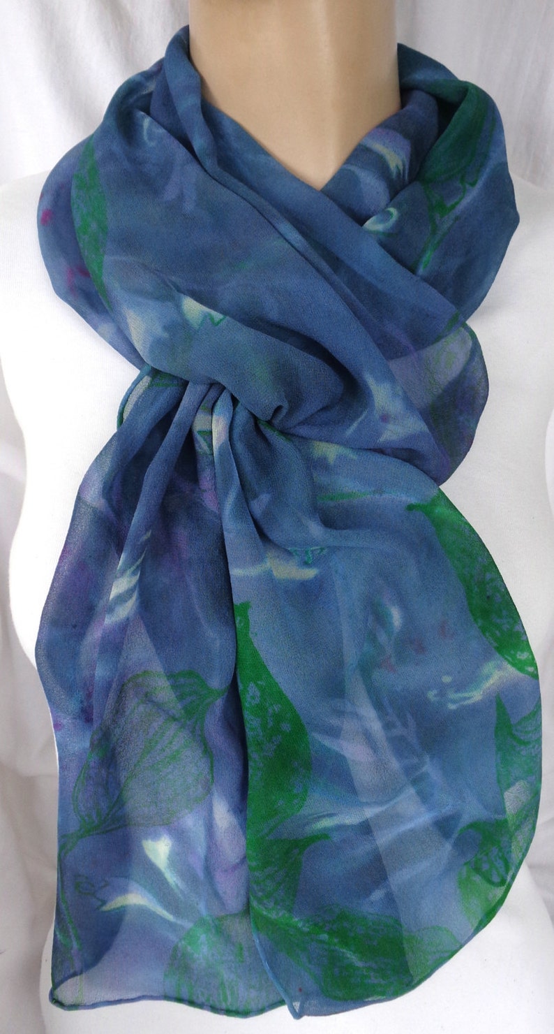 silk scarf hand painted Hosta Moonlight unique extra long chiffon wearable art lavender jade green white floral image 4