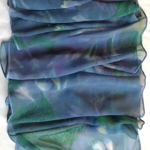 silk scarf hand painted Hosta Moonlight unique extra long chiffon wearable art lavender jade green white floral image 6