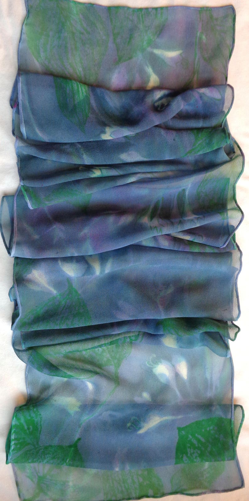 silk scarf hand painted Hosta Moonlight unique extra long chiffon wearable art lavender jade green white floral image 6