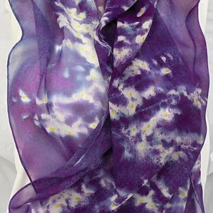 silk scarf long hand painted chiffon Purple Wisteria unique wearable art women white lavender yellow spring floral gift imagem 3